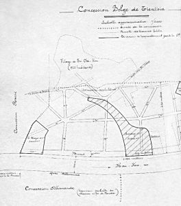 图7-6 天津比利时租界的规划示意图（图中央黑色阴影标出部分为德璀琳购买的土地，该图保存于比利时外交部档案馆）