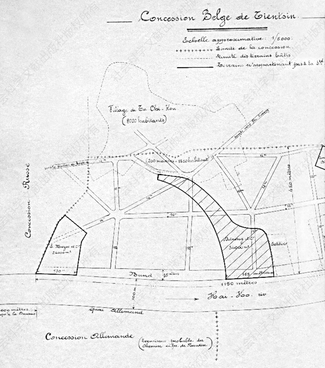 图7-6 天津比利时租界的规划示意图（图中央黑色阴影标出部分为德璀琳购买的土地，该图保存于比利时外交部档案馆）