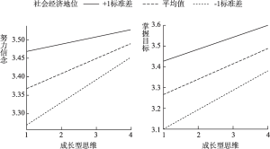 图2 社会阶层对成长思维与努力信念（左）、掌握目标（右）的调节作用