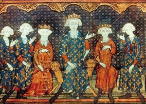 法兰西国王腓力四世（1285～1314年在位，中间最突出者）及其女法兰西的伊莎贝拉（左起第三个），她是卡佩王朝末代国王查理四世的妹妹，后来嫁给英格兰国王爱德华二世。