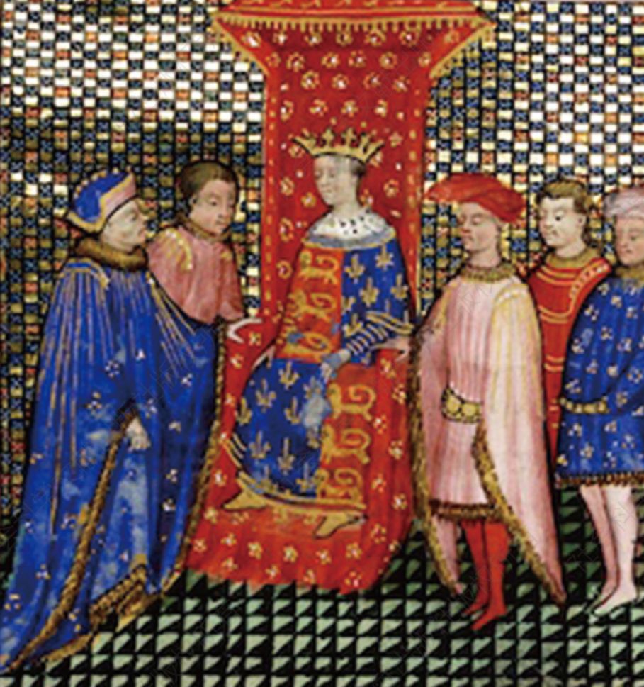 1340年时爱德华三世的宫廷。爱德华位居画面正中的王座上，他的服饰以四分的方式同时结合了英法两国的纹章，也体现了他的野心。画面左侧一身着蓝色服饰的人是阿图瓦的罗贝尔，他因继承权问题流亡英格兰宫廷，在传统上被视为鼓动爱德华夺取法兰西王位的重要推手之一。