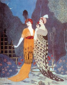 20世纪初法国著名的插画家乔治·巴比尔于1912年绘制的珍妮·帕昆的服装插图。珍妮·帕昆是法国著名的时装设计师，以现代和创新设计而闻名。