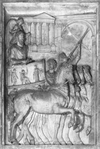 图2.3 凯旋！一块遗失的马可·奥勒留（Marcus Aurelius）（公元2世纪）纪念壁画细节图，显示这位皇帝乘坐华丽战车进入罗马接受凯旋待遇迎接时的瞬间场景。他的前边是一名号手，肩上是长有翅膀的胜利女神。