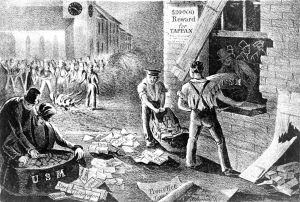 《他们怎么能这样做？》刊于1836年9月的《废奴记录报》，展示了暴徒们正在捣毁詹姆斯·伯尼的印刷厂的情形。