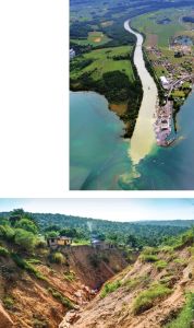 彩图4 带着泥沙从瓦莱流入日内瓦湖的瑞士罗纳河（上）；2019年4月刚果民主共和国金沙萨的城市沟壑（下）