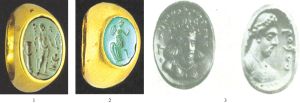 图4 1、2阿富汗国家博物馆（National Museum of Afghanistan）藏印章戒指 3艾尔米塔什博物馆藏萨珊及嚈哒统治时期的吐火罗斯坦出土的宝石印章
