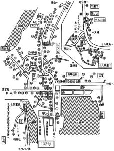 图5 小渕滨的示意图：A家在五十铃神社北边的132号