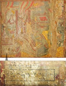图1 善财童子参具足优婆夷（下为画面左下角藏文题记局部，1391年或稍后，瞿昙寺瞿昙殿左侧壁下部壁画，笔者摄）