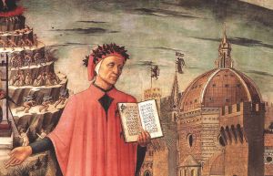 /多梅尼科·迪·米凯利诺（Domenico di Michelino）绘画作品的细节图。画中的但丁站在佛罗伦萨城与炼狱山之间，他手上拿的书是其著作《神曲》//（public domain，wikicommons）
