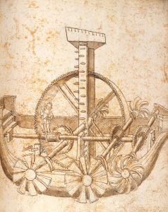 /锡耶纳发明家弗朗切斯科·迪·乔焦绘制的带桨轮的船的草图//（© TPG images）