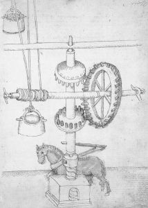 塔科拉（Taccola）绘制的布鲁内莱斯基的牛拉起重机，不过画中拉动机器的是一匹马，画面底部清晰展现的就是能够让轮子升高或降低的螺杆
