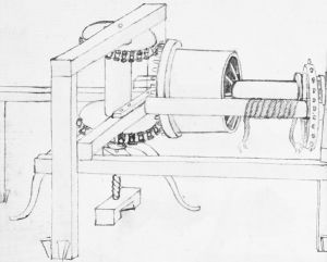 牛拉起重机的细节图，图上显示的是右侧第二套齿轮的情况