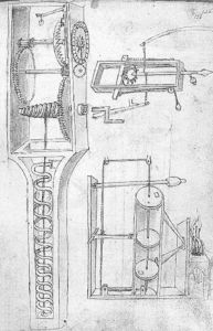 靠弹簧驱动的钟表的示意图，很可能是根据布鲁内莱斯基的某个设计绘制的
