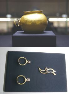 巴彦诺尔墓出土金罐（上），巴彦诺尔墓出土马具（下）