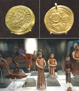 巴彦诺尔墓出土金币（上），仆固乙突墓出土木俑（下）