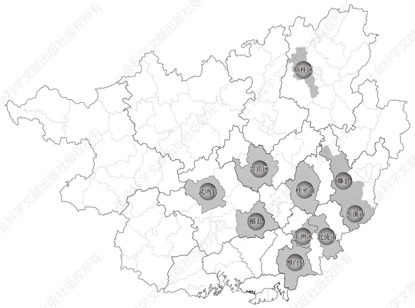 图3-1 广西县域规模竞争力十强县空间分布