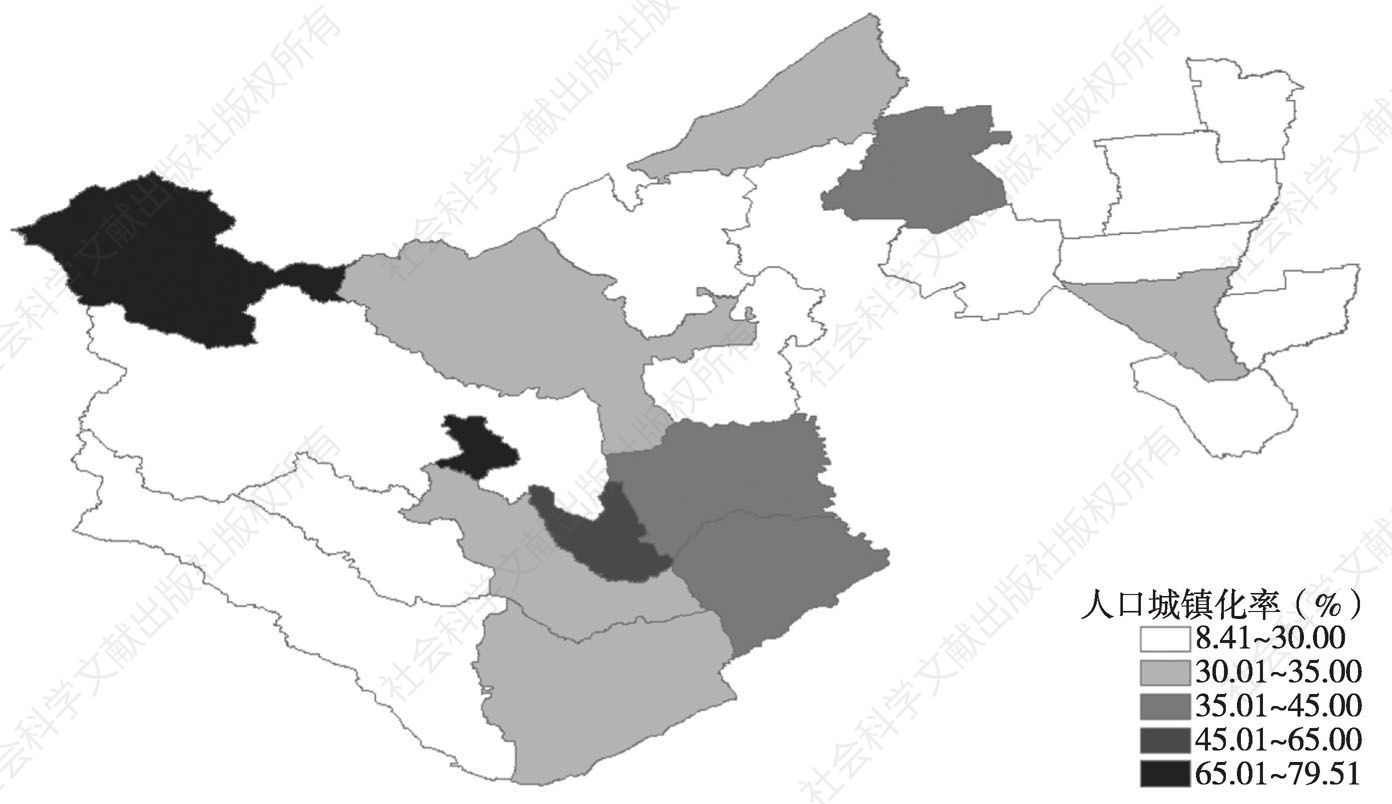 图4 2014年大兴安岭南麓片区22个旗（县、市、区）人口城镇化水平分类