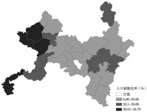 图8 2009年罗霄山片区各县人口城镇化率