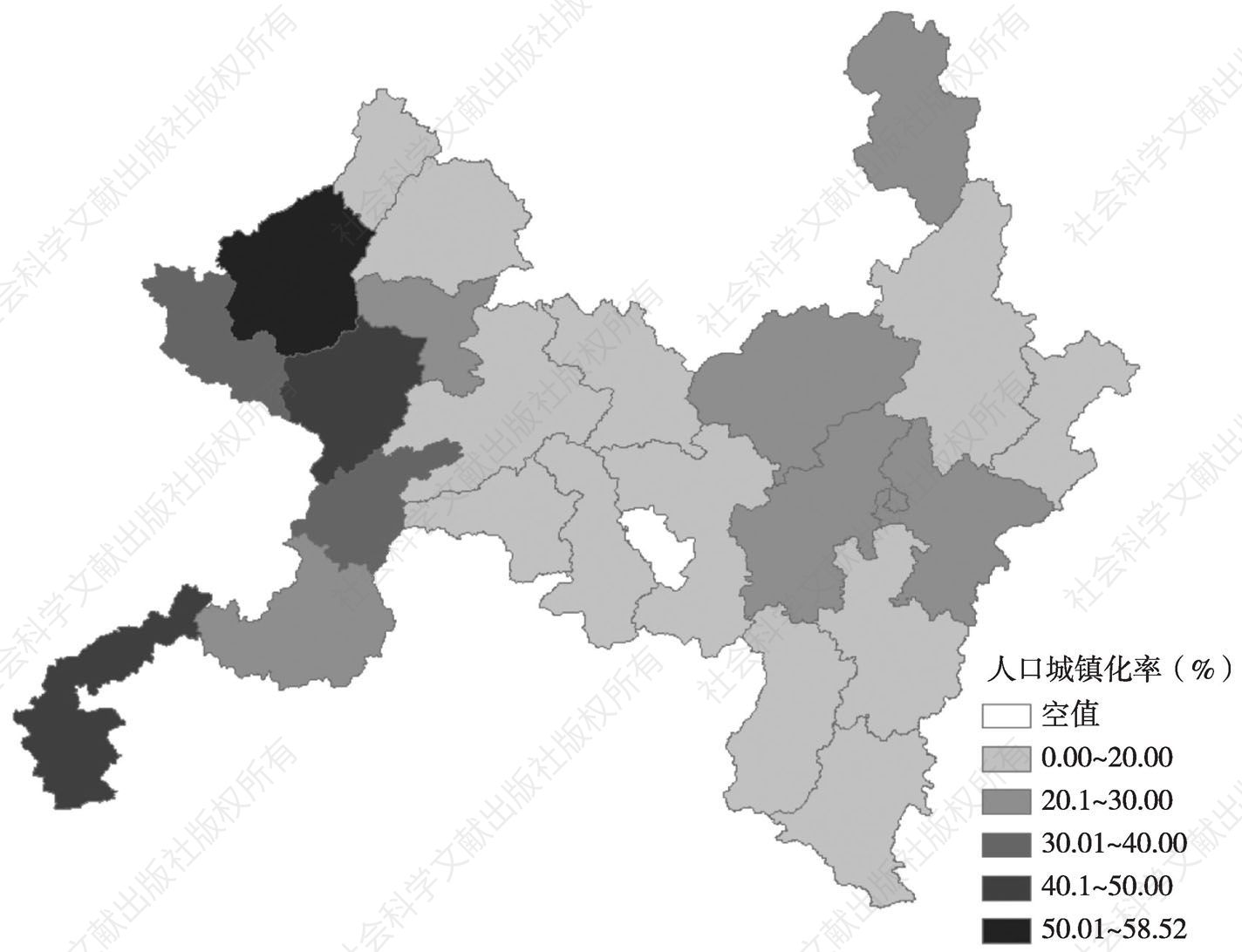 图9 2014年罗霄山片区各县人口城镇化率