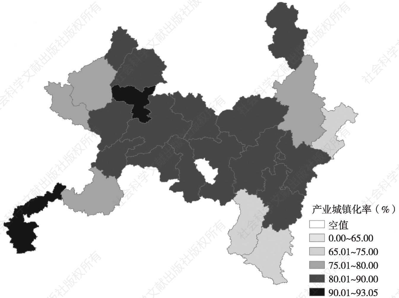 图17 2014年罗霄山片区各县产业城镇化率