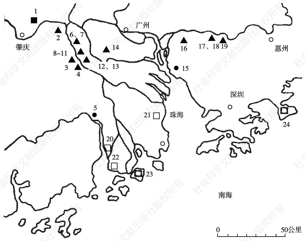 图1 珠江三角洲地区史前地理环境及遗址分布