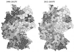 图11-5 1990～2012年德国人口分布变化情况及对2012～2035年德国人口分布情况的预测