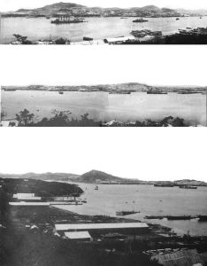 图1 从缅舒卡角看符拉迪沃斯托克港、金角湾、阿列克谢·亚历山德罗维奇大公山脉的面貌（共3幅黑白照片）