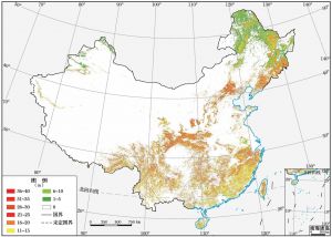 图15 2008年中国森林平均高度分布