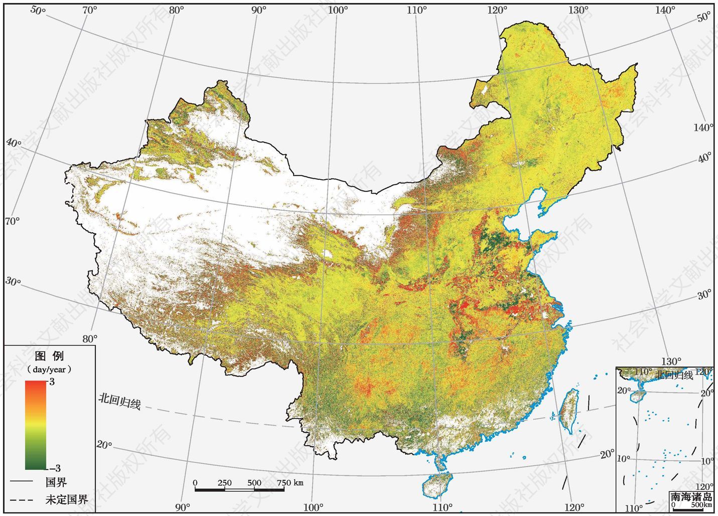 图18 2001～2014年中国植被生长季末期变化率空间分布