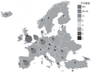 图8 2014年欧洲各国替代金融机构地理分布