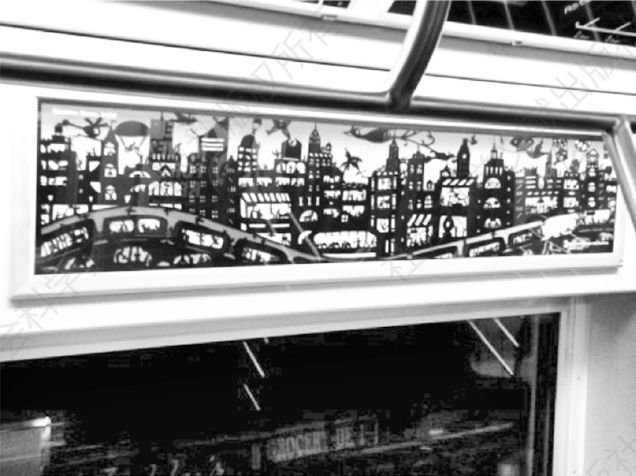 图6 美国剪纸艺术家比特瑞斯·科伦的剪纸作品张贴在纽约地铁车厢内