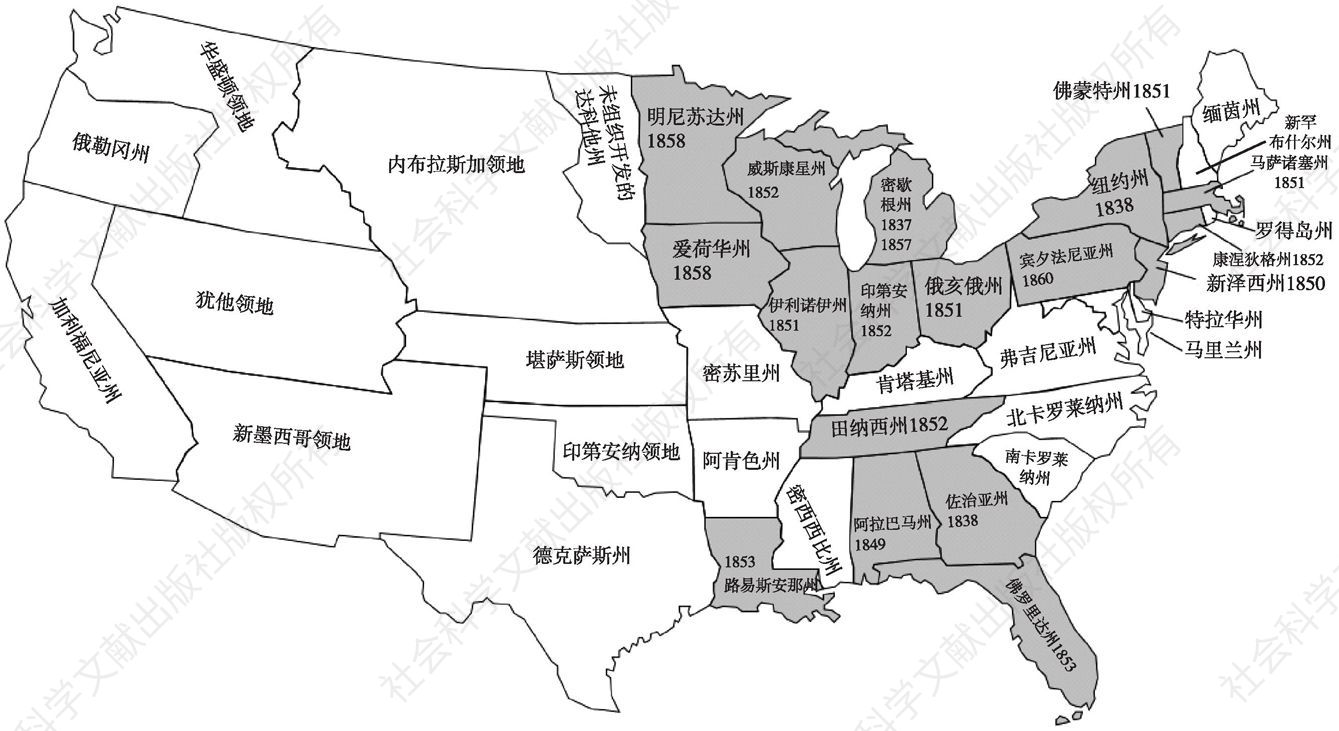 图2-6 美国各州采用自由银行制度的分布情况（1836～1860年）