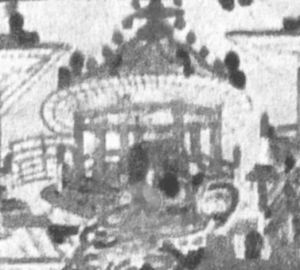 图2-11 五代莫高窟61窟北壁净土寺院内圆形台基上的攒尖顶建筑