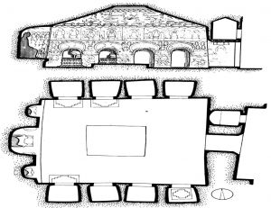 图3-2 莫高窟第285窟西魏（中唐、宋、西夏、元重修）覆斗顶，西壁开三龛（一大二小），南北壁各开四禅窟