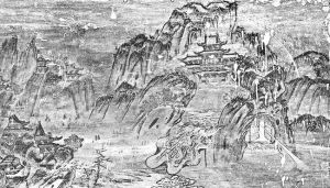 图3-32 榆林窟第3窟西壁北侧《文殊变》（局部）中的重楼佛殿建筑