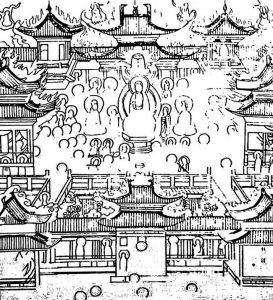 图3-35 东千佛洞第7窟《东方药师变》描绘的药师佛宫殿