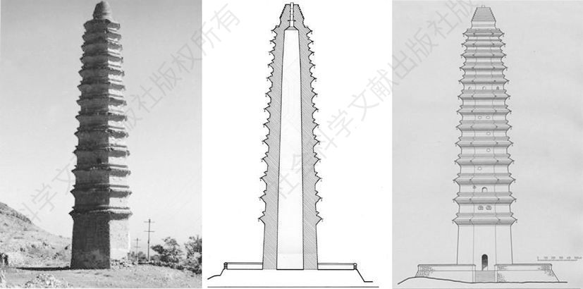 图4-32 维修前的拜寺口双塔东塔及立、剖面图