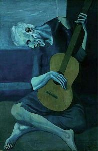 图2-10 毕加索《弹吉他的老人》，1903，现藏于芝加哥艺术学院