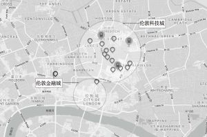 图4 伦敦科技城位置及区域内金融科技公司分布