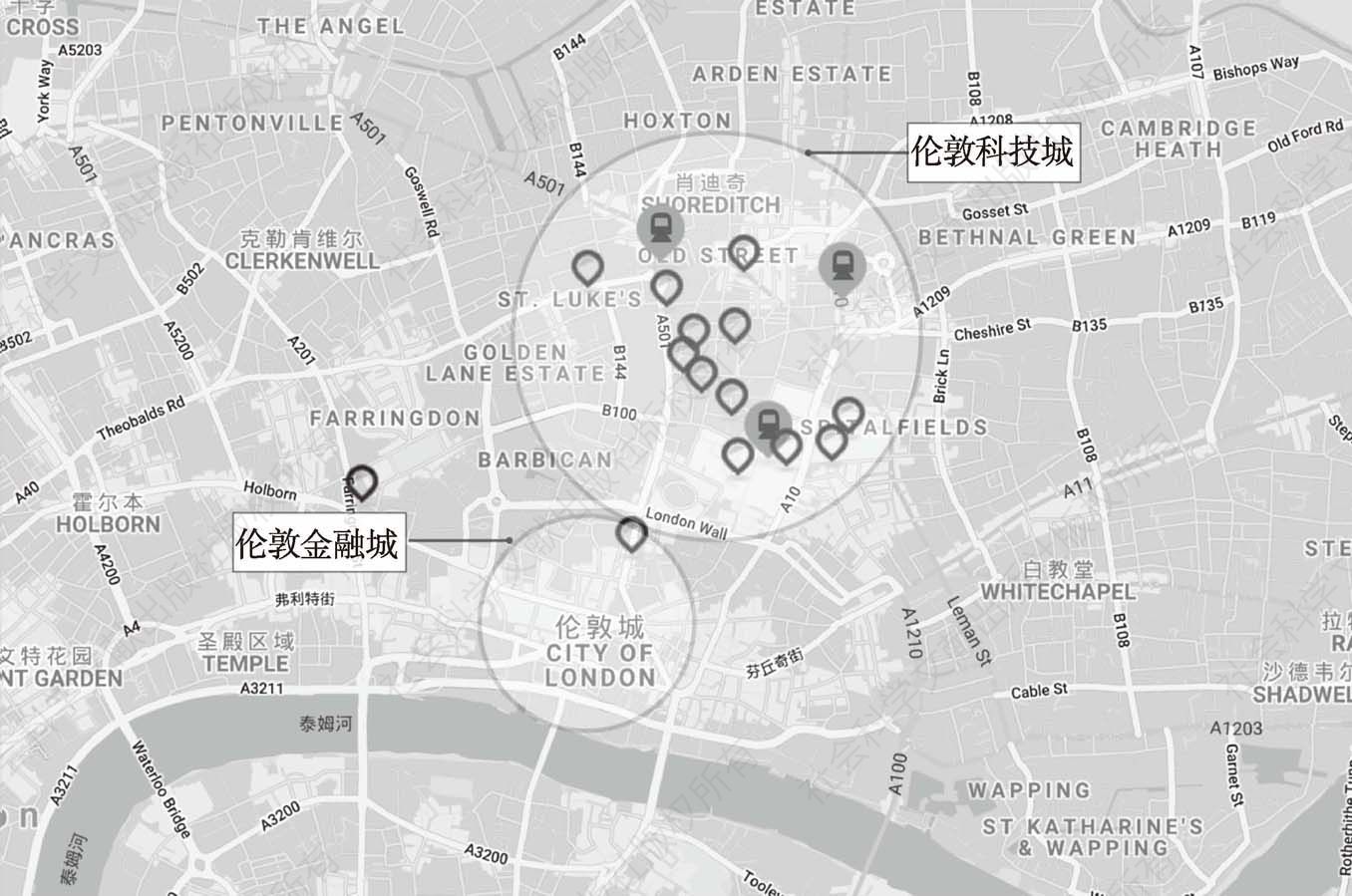 图4 伦敦科技城位置及区域内金融科技公司分布