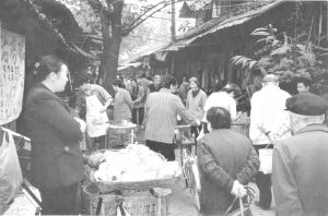 作者摄于2001年10月，大慈寺后面的和尚街，该照片显示当时成都市民仍然以街头作为市场，从照片中可看到自行车既是运输工具，也是卖菜人的货摊子，这些卖蔬菜和肉的摊子就摆在居民住家的屋门口。左边还有一个“治鸡眼”的幌子。现在这个地方已经变成了豪华的“太古里”了。