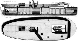 图5 “坚定”号蚊子船二视图，可见其升降式火炮平台（The Engineer，May 1，1868）