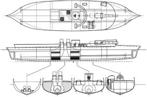 图11 乔治·伦道尔设计于1877年的“双头炮艇”（刘烜赫绘制）