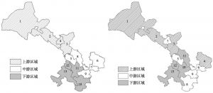 图6 2014年（左）、2015年（右）甘肃省13个市（州）县域综合竞争力空间格局
