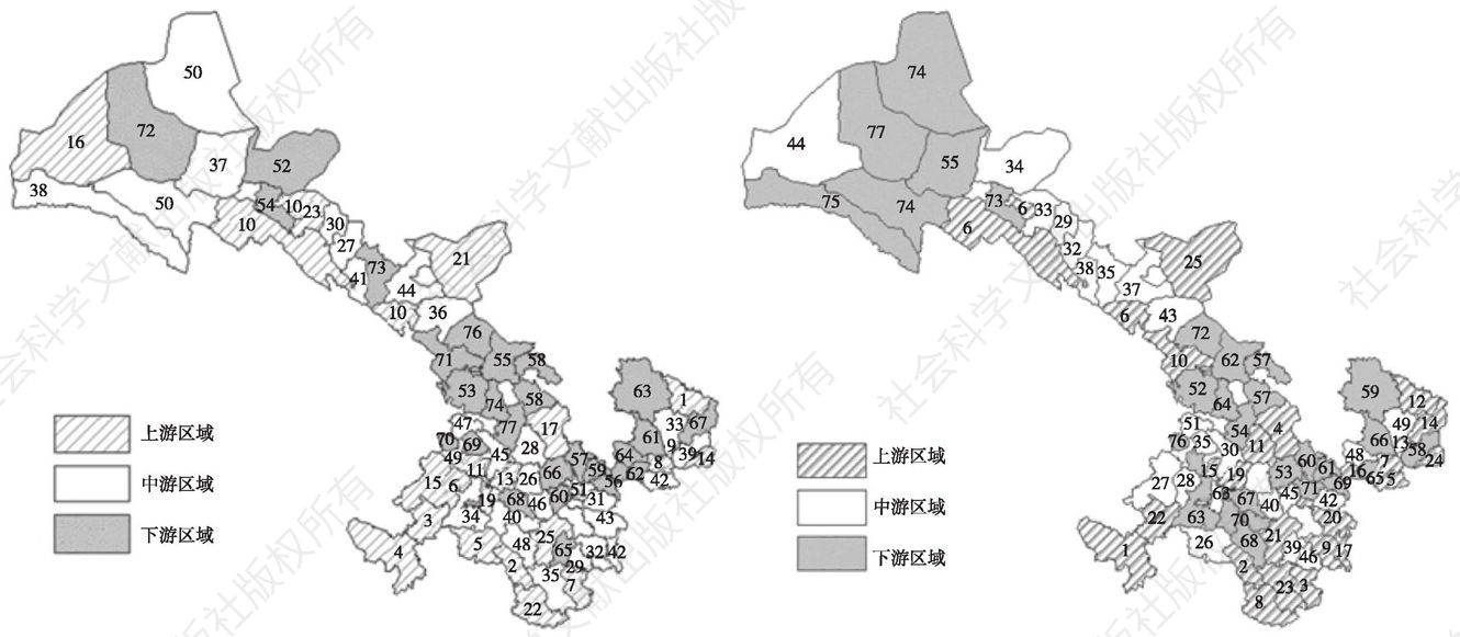 图12 2014年（左）、2015年（右）甘肃省县域生活环境竞争力空间格局