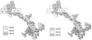 图13 2014年（左）、2015年（右）甘肃省县域社会结构竞争力空间格局