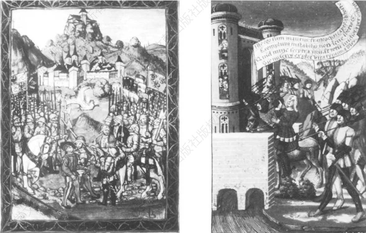图3-1（左）洛多维科于诺瓦拉被俘（1500年）；（右）洛多维科被押解至里昂（1500年）