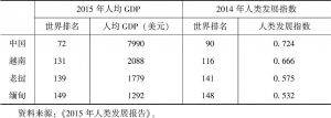 表3-1 2014～2015年中国与毗邻三国人均GDP和人类发展指数的对比