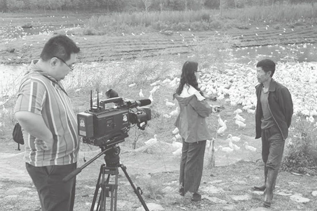 图4-2 记者对庆阳农场的稻田养鸭户进行采访（庆阳农场提供）