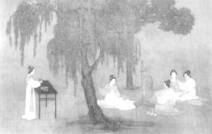 图1 南宋佚名绘《女孝经图》中女子纺纱、做女红的场景（局部）